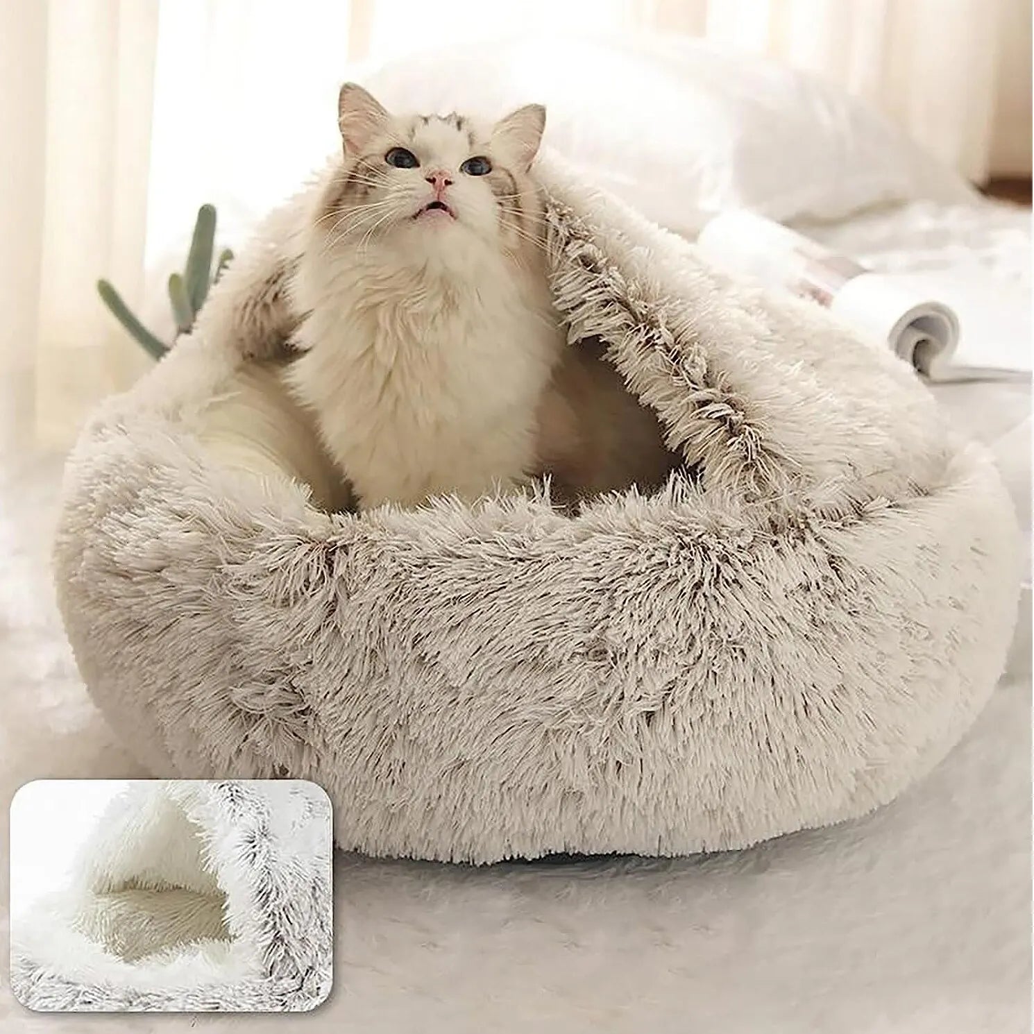 Soft Plush Pet Bed with Cover - Round Cat Bed Pet Mattress